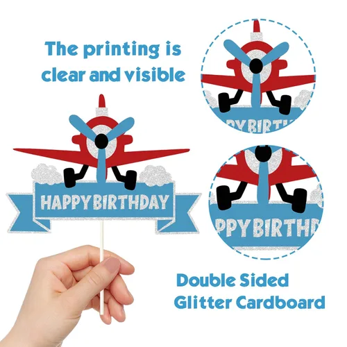 Vista 3 de Decoración de pastel de feliz cumpleaños con diseño de avión con purpurina, decoración de pastel temático de moscas del tiempo, la aventura espera