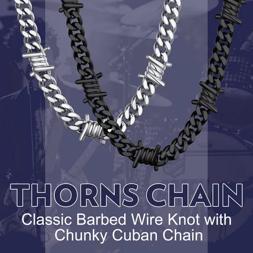 Vista 5 de Bandmax Barbed Wire Cuban Necklace for Women Men Stainless SteelBlack Gothic Thorns Skull Choker Necklace Bracelet Punk Jewelry -Gift Packed