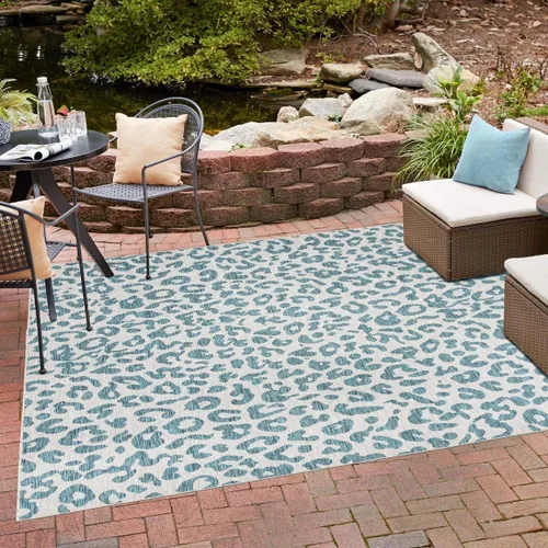 Vista 52 de Unique Loom colección Outdoor Safari Alfombra para exteriores - Leopardo (13' redonda, azul/gris)