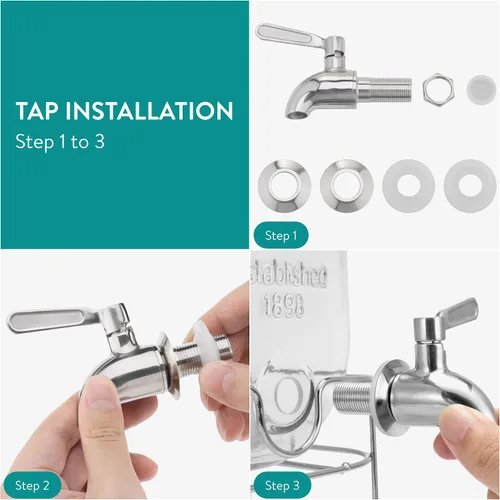 Vista 4 de Navaris Dispensador de bebidas con soporte de metal plateado, contenedor de bebidas de vidrio de 1.3 galones (5L) con grifo, dispensador de bebidas