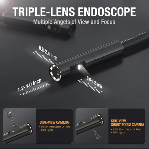 Vista 2 de Teslong - Cámara de inspección de triple lente con boroscopio profesional, con luz, cámara de alcance de video digital, pantalla IPS de 5 pulgadas