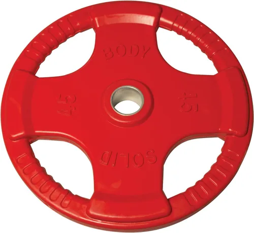 Vista 7 de Body-Solid Placa de goma con diseño de agarre cuádruple, discos de peso olímpicos con revestimiento de goma para levantamiento de pesas