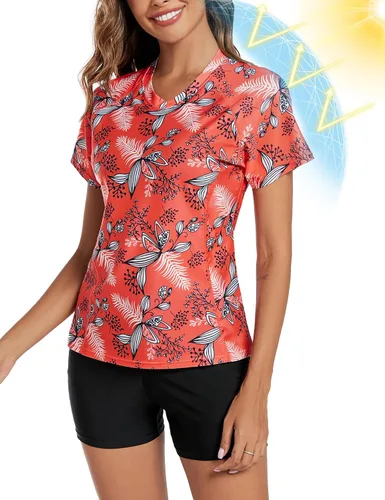 Vista 2 de Tournesol Women's Two Piece Rash Guard Short Sleeve UPF 50+ Swim Shirt Bulit in Bra Swimsuit with Boyshorts Bottoms