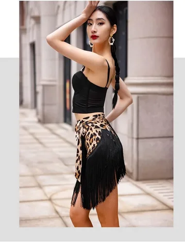 Vista 2 de Faldas de baile para mujer, diseño de baile latino, delantal, tango, borla y bufanda a la cadera Negro leopardo estampado