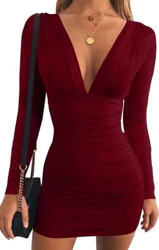 Vista 14 de GOBLES - Vestido corto de cóctel para mujer, sexy, de manga larga, con cuello en V, fruncido, bodycon, para fiesta Negro