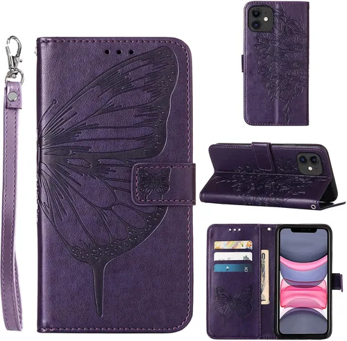 Vista 10 de Funda tipo cartera para iPhone 11, diseño de mariposas y flores (azul) Embossed PU Leather, TPU Interior, Flip Case Folio Cover, Stand, Cash