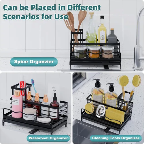 Vista 6 de Soporte de esponja para cocina, organizador de fregadero con soporte alto para cepillos y bandeja de drenaje rápido, boquilla giratoria de 360°