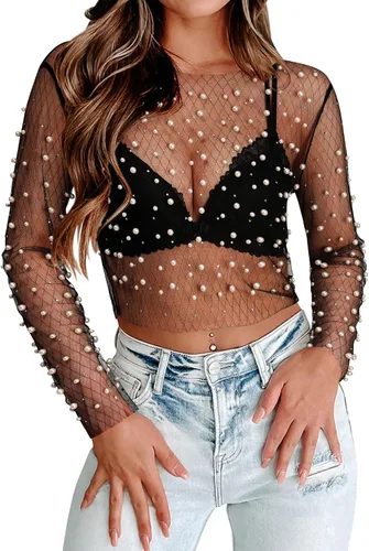 Vista 4 de Ezcosplay Nashville - Camiseta corta de malla con diamantes de imitación para mujer, camiseta de manga larga con purpurina brillante, camisa