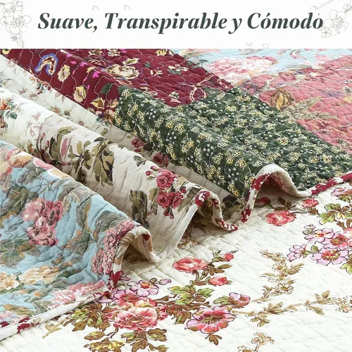 Vista 6 de Cozy Line Home Fashions Juego de ropa de cama de colcha reversible de retazos floral paisley rojo burdeos de algodón 100% de lujo, colcha, cubrecama