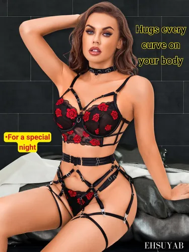 Vista 5 de EHSUYAB Lencería sexy para mujer, 5 piezas, bordado floral, cinturón de liguero