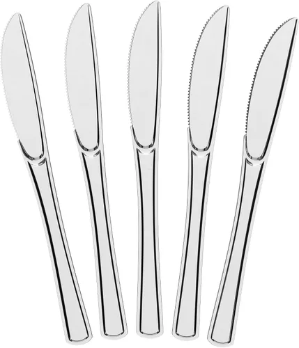 Vista 10 de Exquisite Cuchillos de plástico negro, 50 piezas, cuchillos negros, utensilios desechables, juego de cubiertos de plástico resistente