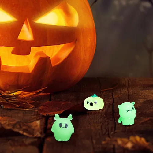 Vista 8 de Decoraciones de Halloween en miniatura, 18 piezas de accesorios de pueblo miniatura, calabaza, momia, conejo, fantasma, resina, que brilla