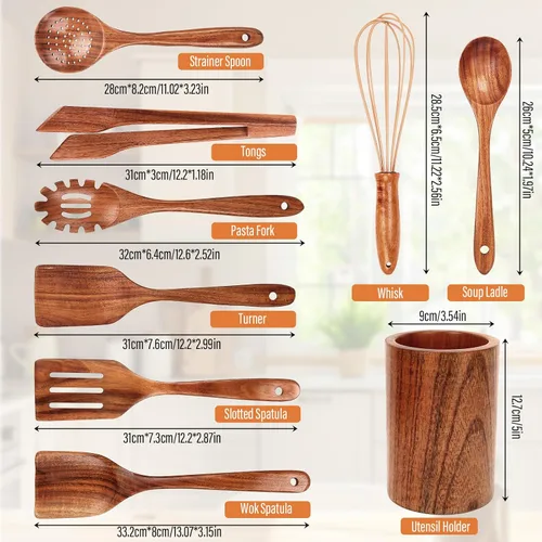Vista 3 de Juego de utensilios de cocina de madera, cucharas de madera de teca resistentes al calor para cocinar (9 piezas con soporte)