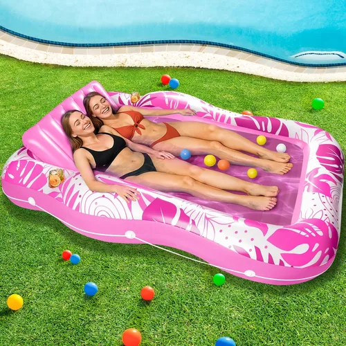 Vista 7 de Tumbona de piscina bronceadora – Flotador inflable grande de 59 x 78.7 pulgadas para adultos, bañera de sol 2 en 1 y balsa de descanso con soportes