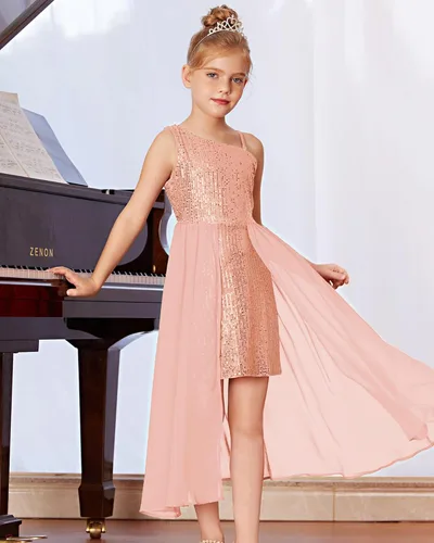 Vista 2 de GRACE KARIN Vestido de lentejuelas para niñas, vestido de fiesta de cumpleaños de un hombro, vestidos de graduación 6-14 años