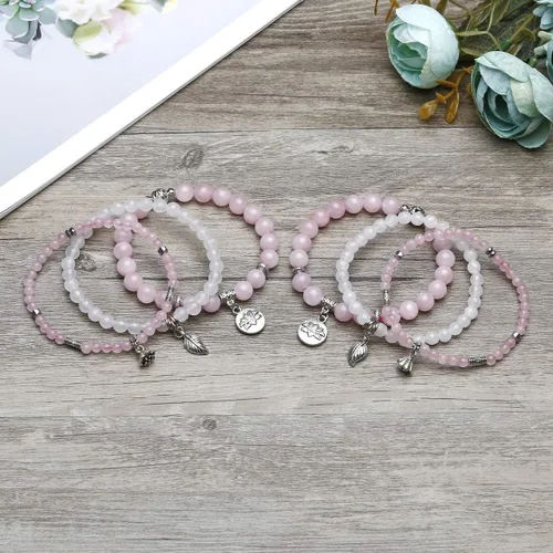 Vista 6 de Jovivi - 3 pulseras de cuentas de cristal de cuarzo rosa amatista para chakras, energía natural de curación, cuentas de loto, piedra reiki
