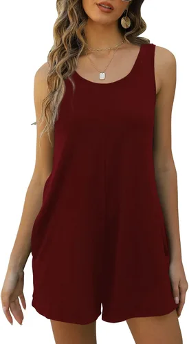 Vista 4 de Qnasey Mameluco corto casual de verano para mujer, con cuello redondo, sin mangas, con bolsillos