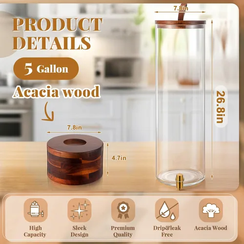 Vista 2 de FillTouch Paquete de 1 dispensador de bebidas de vidrio de 5 galones con soporte y tapa de madera de acacia, grifo de acero inoxidable, dispensador