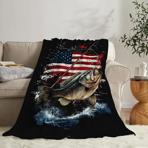 Vista 4 de Manta de pesca con bandera estadounidense, manta suave, cálida, acogedora, mullida, de felpa, regalos para niñas y mujeres, ligera, franela