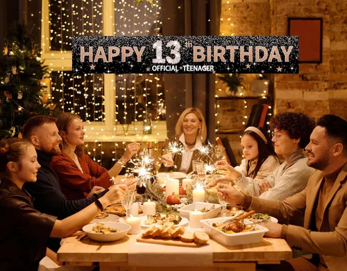 Vista 5 de Joyiou Cartel de fondo de feliz cumpleaños 13 para niña, pancarta oficial para adolescentes, suministros de letrero grande de oro rosa para fiesta