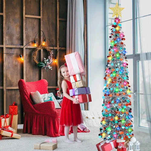 Vista 4 de RACPNEL Árbol de Navidad de oropel desplegable de 5 pies con luces LED, lentejuelas, adorno de árbol, árbol de Navidad plegable artificial