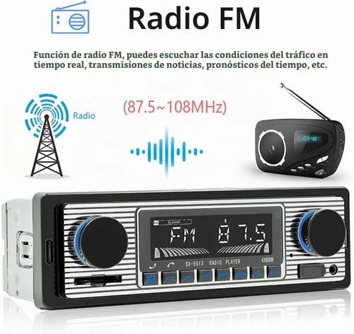 Vista 4 de Radio Clásica Single Din para Automóvil con Bluetooth, Receptor de Radio FM Estéreo para Automóvil, Llamadas Manos Libres, Control de Voz