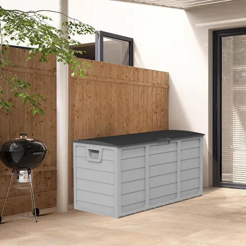 Vista 2 de Caja de almacenamiento para terraza al aire libre de 75 galones, resina resistente con tapa con cerradura, resistente a los rayos UV para muebles