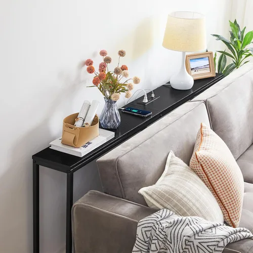 Vista 7 de MAHANCRIS Mesa consola de 70.9 pulgadas con toma de corriente, mesa de sofá estrecha, mesa de entrada industrial con puertos USB, detrás del sofá