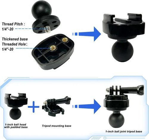 Vista 2 de Adaptador de montaje de bola de 1 pulgada para Insta360 con base de liberación rápida para Gopro, compatible con soportes de cabeza de bola RAM