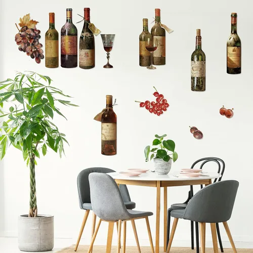 Vista 7 de Censen 2 hojas de calcomanías de pared de vino, calcomanías de arte para despegar y pegar, botella de vino, vidrio, cocina, uva, fruta, calcomanías