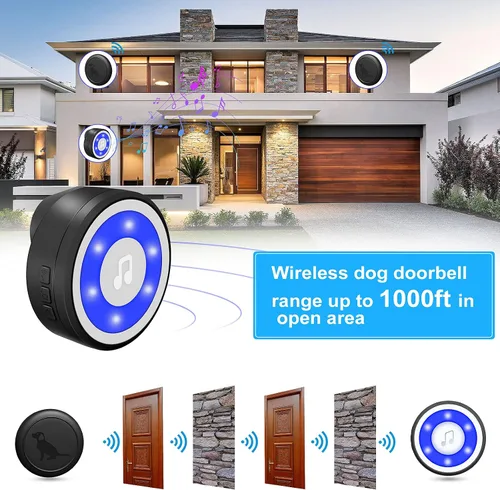 Vista 5 de MYPIN Timbre inalámbrico para perro, campanas de perro para entrenamiento de orinal IP65, impermeable, botón táctil, timbre de 1000 pies de largo