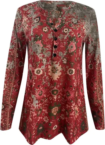 Vista 4 de SMIDOW Camisetas de manga larga con estilo étnico para mujer, camisas de primavera de moda, cuello en V, holgadas, cómodas, blusas elegantes