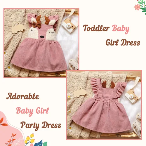 Vista 4 de MBMSHEGH Vestidos de bebé para niña, vestido sin mangas con volantes, lindo vestido de reno, vestidos casuales de otoño para niños, Rosado