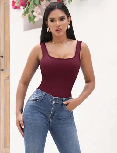 Vista 4 de Micoson Body de 2 piezas para mujer, acanalado, sin mangas, cuello cuadrado, sexy, elástico, bodycon