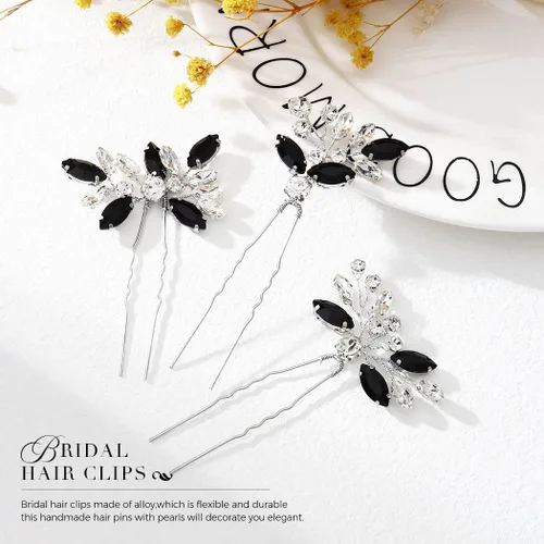 Vista 4 de Unicra Horquillas para el pelo de cristal negro plateado con diamantes de imitación, piezas de pelo de novia, accesorios para novias y mujeres