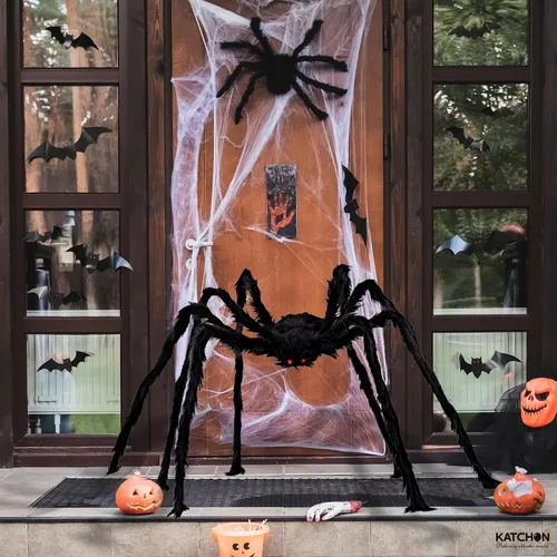 Vista 7 de KatchOn, Araña gigante peluda negra de Halloween, 6.5 pies, araña falsa plegable para decoración de Halloween al aire libre Decoración de verano
