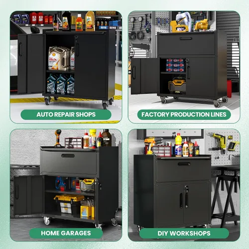 Vista 6 de Armario de almacenamiento de metal para garaje con ruedas, gabinete de herramientas con cerradura negra con cajón y estantes ajustables, gabinete