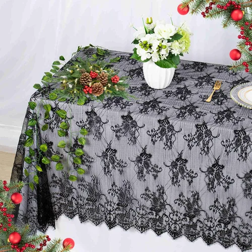 Vista 8 de Mantel de encaje rectangular de 60 x 120 pulgadas, mantel clásico de encaje vintage con superposición de encaje negro para suministros de fiesta