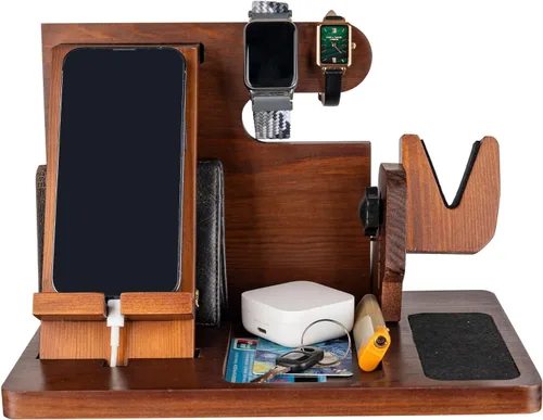 Vista 8 de Organizador de pistola de madera para hombre, soporte para teléfono, cartera, estación de acoplamiento, reloj militar, soporte de noche, soporte