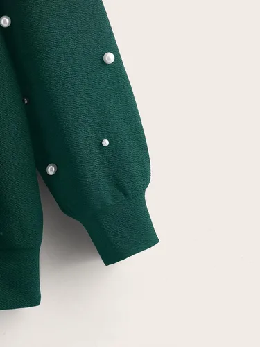 Vista 4 de WDIRARA Sudadera de manga larga con cuello redondo y cuentas de perlas para mujer, talla grande