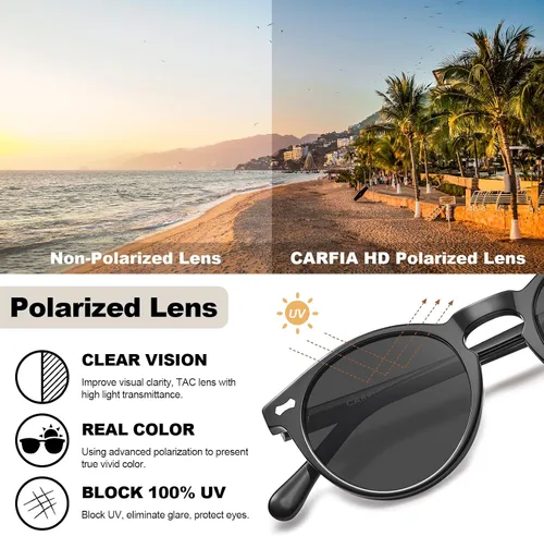 Vista 73 de CARFIA Gafas de sol polarizadas de acetato redondo para mujer, protección UV de cara pequeña con funda de cuero CA5288