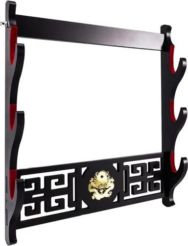 Vista 7 de Soporte de exhibición Katana para armas, soporte acolchado de terciopelo para espada, soporte de pared Wakizashi Samurai Sword Rack Logo Dragon