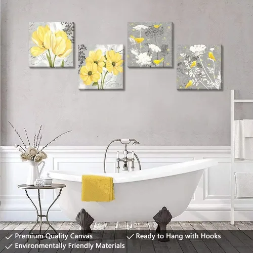 Vista 25 de Wall HDQ Arte de pared de flores para baño, dormitorio, sala de estar, decoración de pared azul y naranja, pintura floral, lienzo impreso, imagen