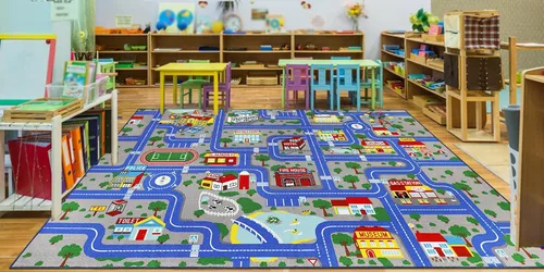 Vista 18 de Capslpad Alfombra Azul de Coche y Carretera para Niños, Alfombra de Juego para Sala de Juegos, Alfombra Antideslizante Lavable con Mapa de la Ciudad