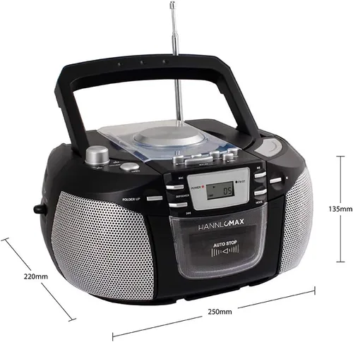 Vista 2 de HANNLOMAX HX-301CD CD/MP3 Boombox, radio AM/FM, grabadora de cassette, grabaciones de CD o radio, conector para auriculares, pantalla LCD, fuente