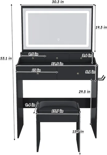 Vista 8 de Escritorio de tocador con espejo de luz LED, mesa de tocador de maquillaje con taburete, 5 cajones, soporte para secador de pelo, toma de corriente