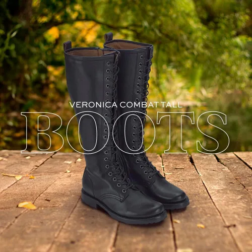 Vista 3 de Frye Veronica Botas de combate altas de 15 pulgadas para mujer, hechas de cuero de grano completo con construcción Goodyear Welt, cordones de tela