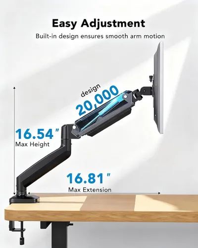 Vista 4 de HUANUO - Soporte de monitor individual, brazo de monitor ajustable para pantallas de 13–34 pulgadas hasta 22 libras, abrazadera en C y base de ojal