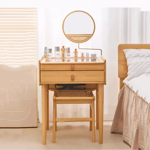 Vista 5 de Escritorio de maquillaje para dormitorio con espejo, tocador con 2 cajones, escritorio de tocador con silla de tocador, juego de tocador de Taburete