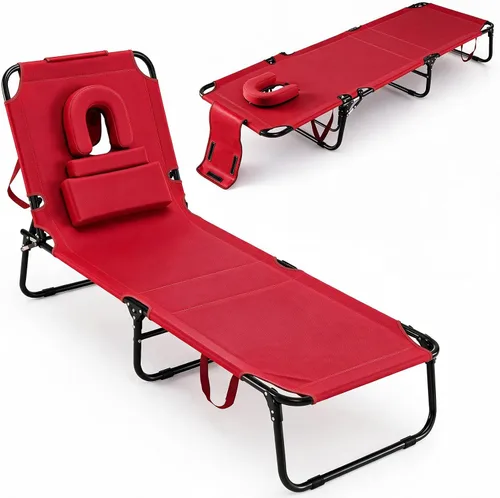 Vista 17 de GYMAX Silla de bronceado, silla de playa de 350 libras con agujero para la cara, almohada lavable y correa de transporte, tumbona plegable Ártico